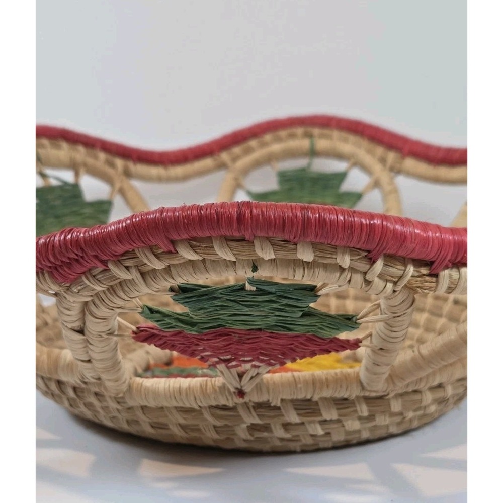 Natural Hand Woven Boho Chic Basket Round Red Green Yellow Orange‎